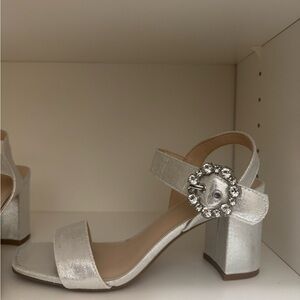Jones New York Metallic Silver Rhinestone Buckle Heels